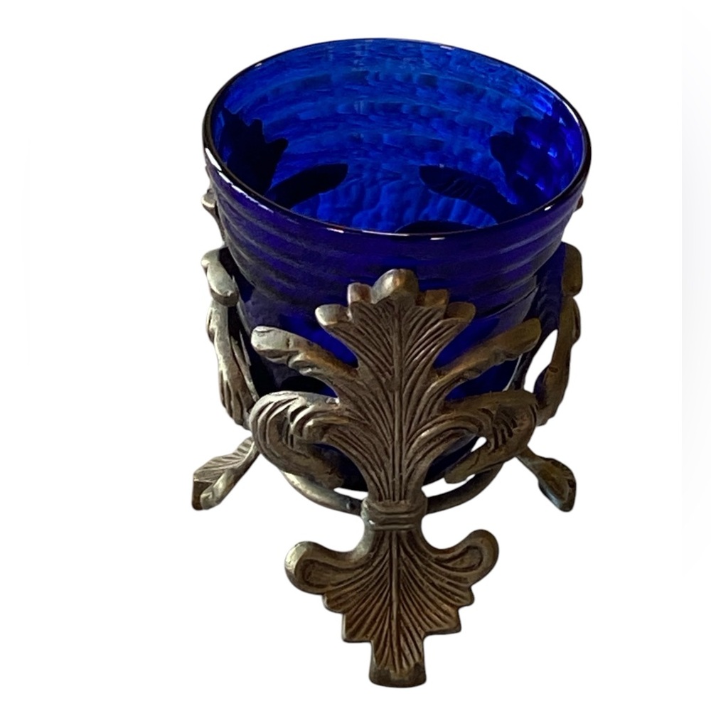 Vintage Silver Metal & Colbert Blue Glass in a Stand Vase 1980s Great Condition!